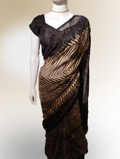 Saree in Coffee Brown with Striped Print Design Indian Clothing in Denver, CO, Aurora, CO, Boulder, CO, Fort Collins, CO, Colorado Springs, CO, Parker, CO, Highlands Ranch, CO, Cherry Creek, CO, Centennial, CO, and Longmont, CO. NATIONWIDE SHIPPING USA- India Fashion X