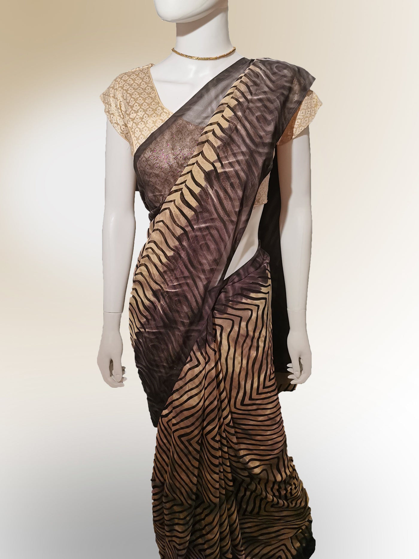 Saree in Coffee Brown with Striped Print Design Indian Clothing in Denver, CO, Aurora, CO, Boulder, CO, Fort Collins, CO, Colorado Springs, CO, Parker, CO, Highlands Ranch, CO, Cherry Creek, CO, Centennial, CO, and Longmont, CO. NATIONWIDE SHIPPING USA- India Fashion X