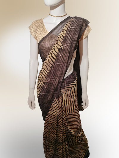 Saree in Coffee Brown with Striped Print Design Indian Clothing in Denver, CO, Aurora, CO, Boulder, CO, Fort Collins, CO, Colorado Springs, CO, Parker, CO, Highlands Ranch, CO, Cherry Creek, CO, Centennial, CO, and Longmont, CO. NATIONWIDE SHIPPING USA- India Fashion X