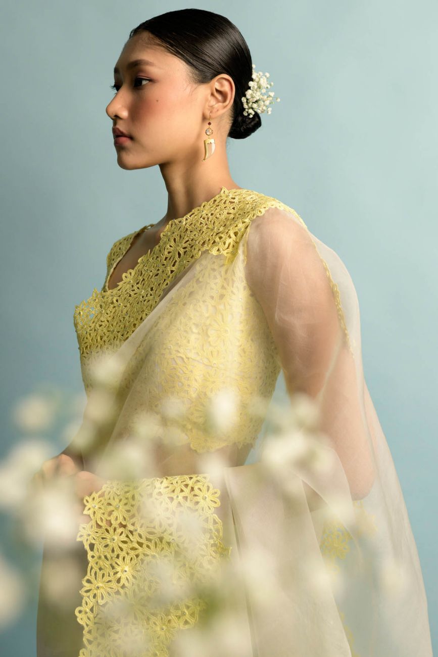 Yellow And Ivory Daisy Saree Indian Clothing in Denver, CO, Aurora, CO, Boulder, CO, Fort Collins, CO, Colorado Springs, CO, Parker, CO, Highlands Ranch, CO, Cherry Creek, CO, Centennial, CO, and Longmont, CO. NATIONWIDE SHIPPING USA- India Fashion X