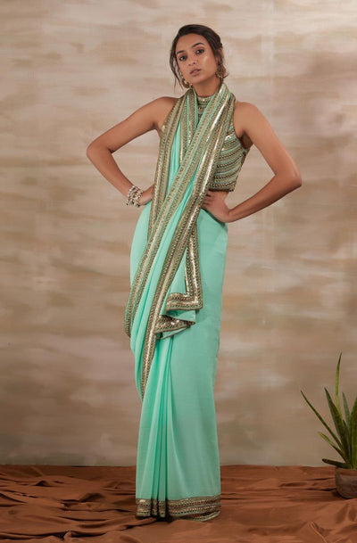 Aqua Metal Stud Saree - Indian Clothing in Denver, CO, Aurora, CO, Boulder, CO, Fort Collins, CO, Colorado Springs, CO, Parker, CO, Highlands Ranch, CO, Cherry Creek, CO, Centennial, CO, and Longmont, CO. Nationwide shipping USA - India Fashion X