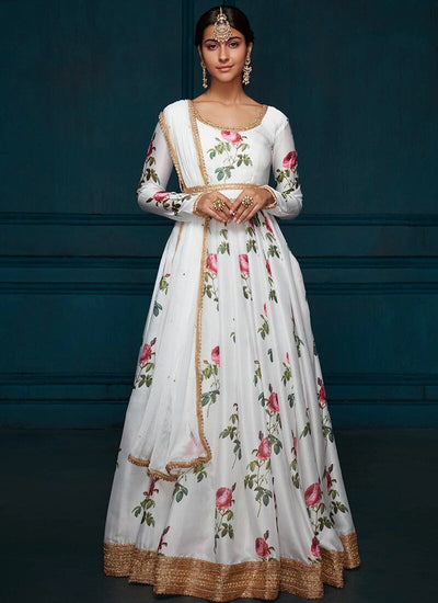 Anarkali in White Floral Printed Satin - Indian Clothing in Denver, CO, Aurora, CO, Boulder, CO, Fort Collins, CO, Colorado Springs, CO, Parker, CO, Highlands Ranch, CO, Cherry Creek, CO, Centennial, CO, and Longmont, CO. Nationwide shipping USA - India Fashion X