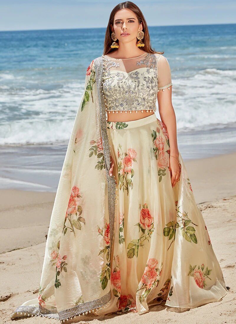 Lehenga in Light Yellow Floral Organza - Indian Clothing in Denver, CO, Aurora, CO, Boulder, CO, Fort Collins, CO, Colorado Springs, CO, Parker, CO, Highlands Ranch, CO, Cherry Creek, CO, Centennial, CO, and Longmont, CO. Nationwide shipping USA - India Fashion X