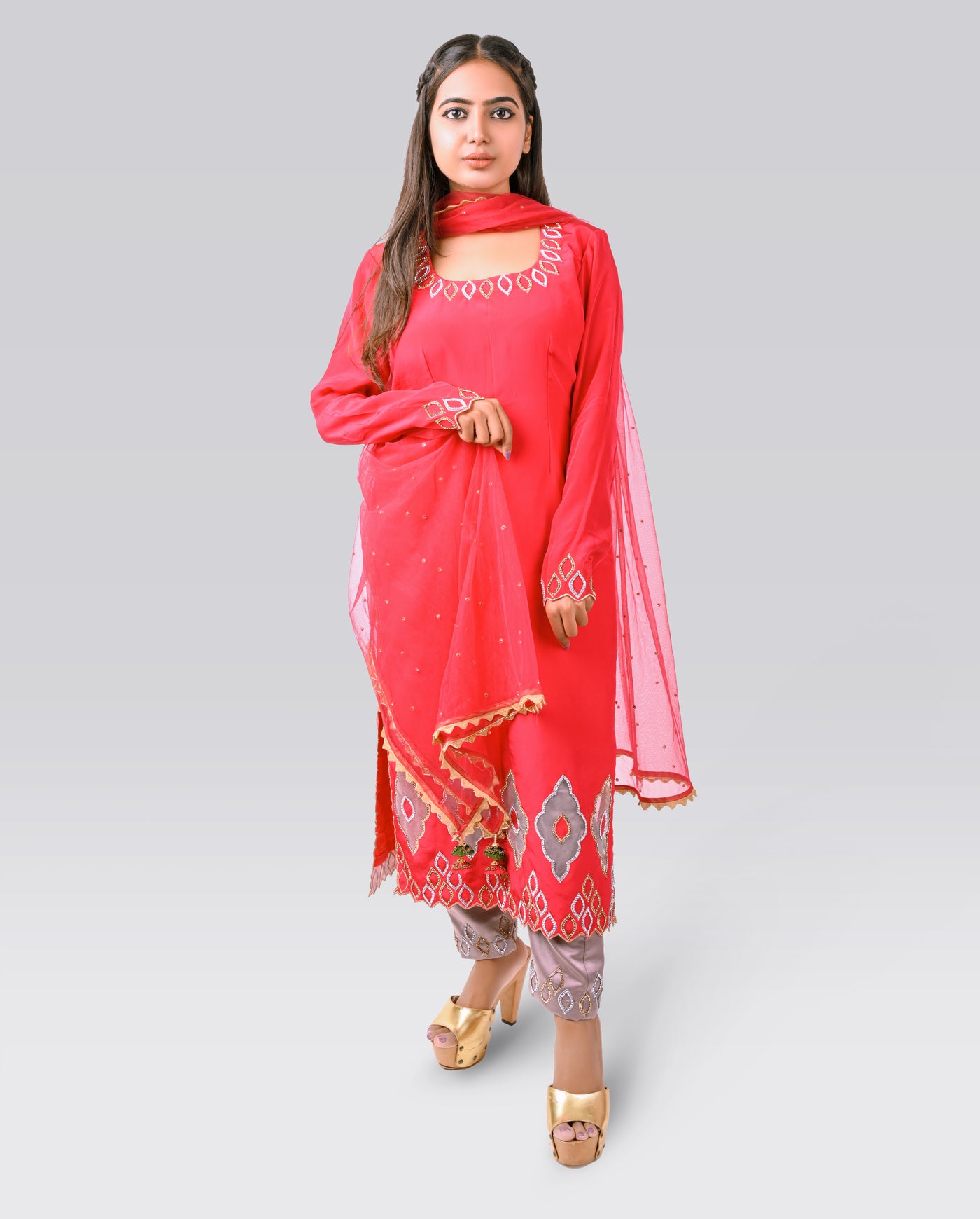 Tomato Crepe Salwar-Kameez - Indian Clothing in Denver, CO, Aurora, CO, Boulder, CO, Fort Collins, CO, Colorado Springs, CO, Parker, CO, Highlands Ranch, CO, Cherry Creek, CO, Centennial, CO, and Longmont, CO. Nationwide shipping USA - India Fashion X