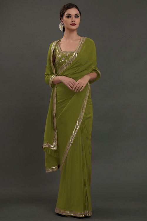 Saree in Avocado Green in Silver Embroidery - Indian Clothing in Denver, CO, Aurora, CO, Boulder, CO, Fort Collins, CO, Colorado Springs, CO, Parker, CO, Highlands Ranch, CO, Cherry Creek, CO, Centennial, CO, and Longmont, CO. Nationwide shipping USA - India Fashion X