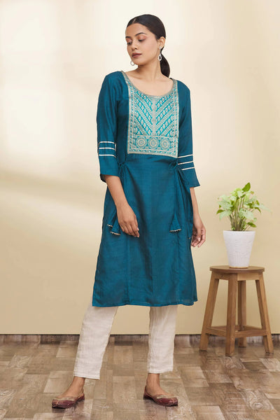 Blue Floral Design Kurta - Indian Clothing in Denver, CO, Aurora, CO, Boulder, CO, Fort Collins, CO, Colorado Springs, CO, Parker, CO, Highlands Ranch, CO, Cherry Creek, CO, Centennial, CO, and Longmont, CO. Nationwide shipping USA - India Fashion X