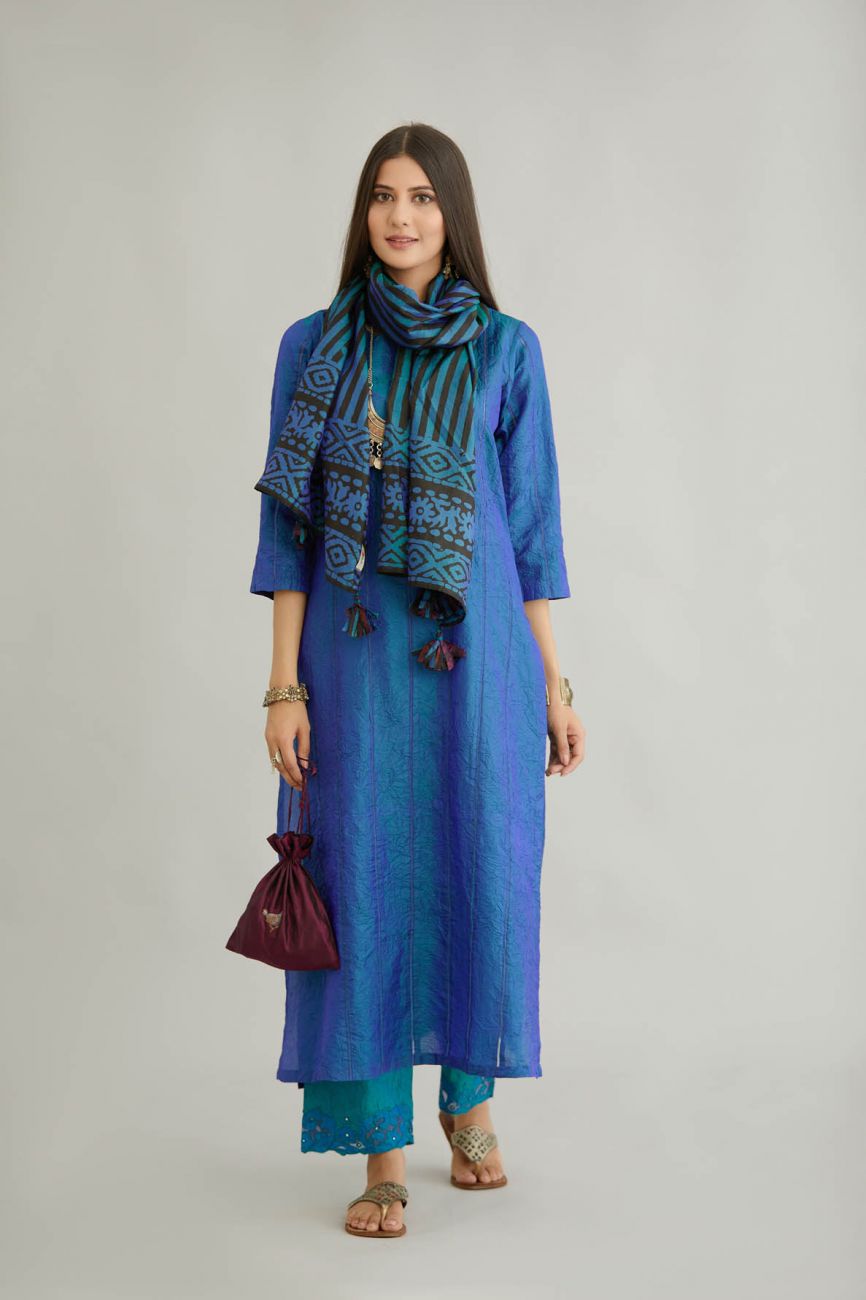 Blue Crushed Silk Kurta Set - Indian Clothing in Denver, CO, Aurora, CO, Boulder, CO, Fort Collins, CO, Colorado Springs, CO, Parker, CO, Highlands Ranch, CO, Cherry Creek, CO, Centennial, CO, and Longmont, CO. Nationwide shipping USA - India Fashion X