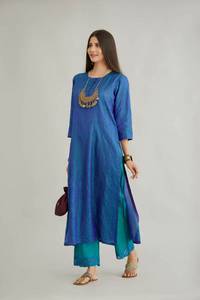 Blue Crushed Silk Kurta Set - Indian Clothing in Denver, CO, Aurora, CO, Boulder, CO, Fort Collins, CO, Colorado Springs, CO, Parker, CO, Highlands Ranch, CO, Cherry Creek, CO, Centennial, CO, and Longmont, CO. Nationwide shipping USA - India Fashion X