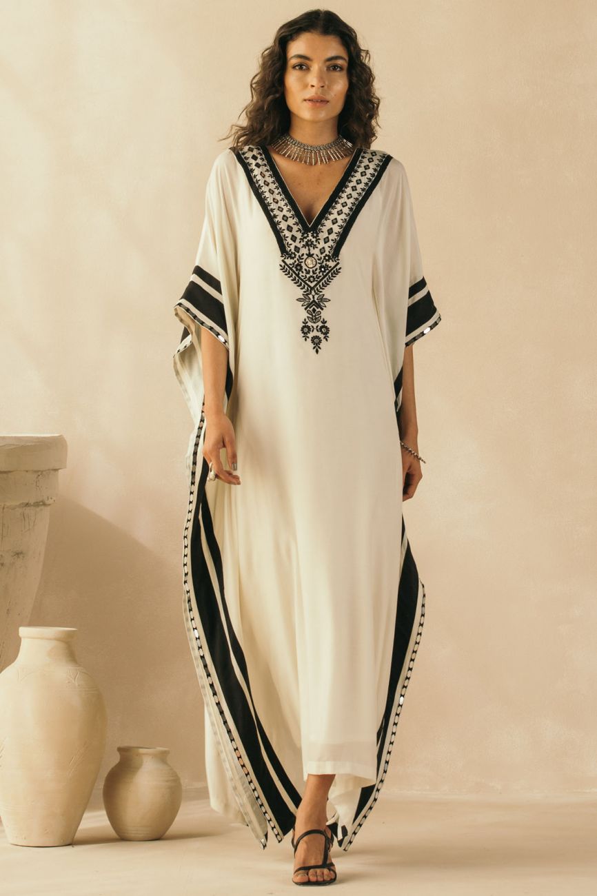 Ebony and Ivory Kaftan - Indian Clothing in Denver, CO, Aurora, CO, Boulder, CO, Fort Collins, CO, Colorado Springs, CO, Parker, CO, Highlands Ranch, CO, Cherry Creek, CO, Centennial, CO, and Longmont, CO. Nationwide shipping USA - India Fashion X
