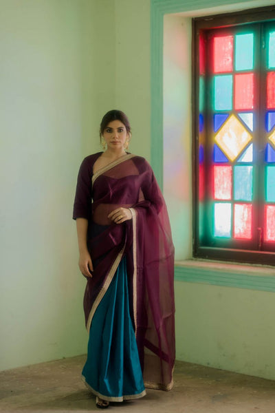 Wine & Agean Satin Saree - Indian Clothing in Denver, CO, Aurora, CO, Boulder, CO, Fort Collins, CO, Colorado Springs, CO, Parker, CO, Highlands Ranch, CO, Cherry Creek, CO, Centennial, CO, and Longmont, CO. Nationwide shipping USA - India Fashion X