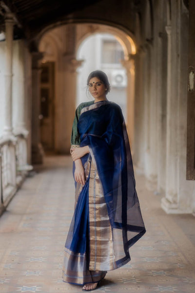 Navy Blue Organza Saree - Indian Clothing in Denver, CO, Aurora, CO, Boulder, CO, Fort Collins, CO, Colorado Springs, CO, Parker, CO, Highlands Ranch, CO, Cherry Creek, CO, Centennial, CO, and Longmont, CO. Nationwide shipping USA - India Fashion X