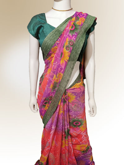 Saree in Tropical Floral Motif Indian Clothing in Denver, CO, Aurora, CO, Boulder, CO, Fort Collins, CO, Colorado Springs, CO, Parker, CO, Highlands Ranch, CO, Cherry Creek, CO, Centennial, CO, and Longmont, CO. NATIONWIDE SHIPPING USA- India Fashion X
