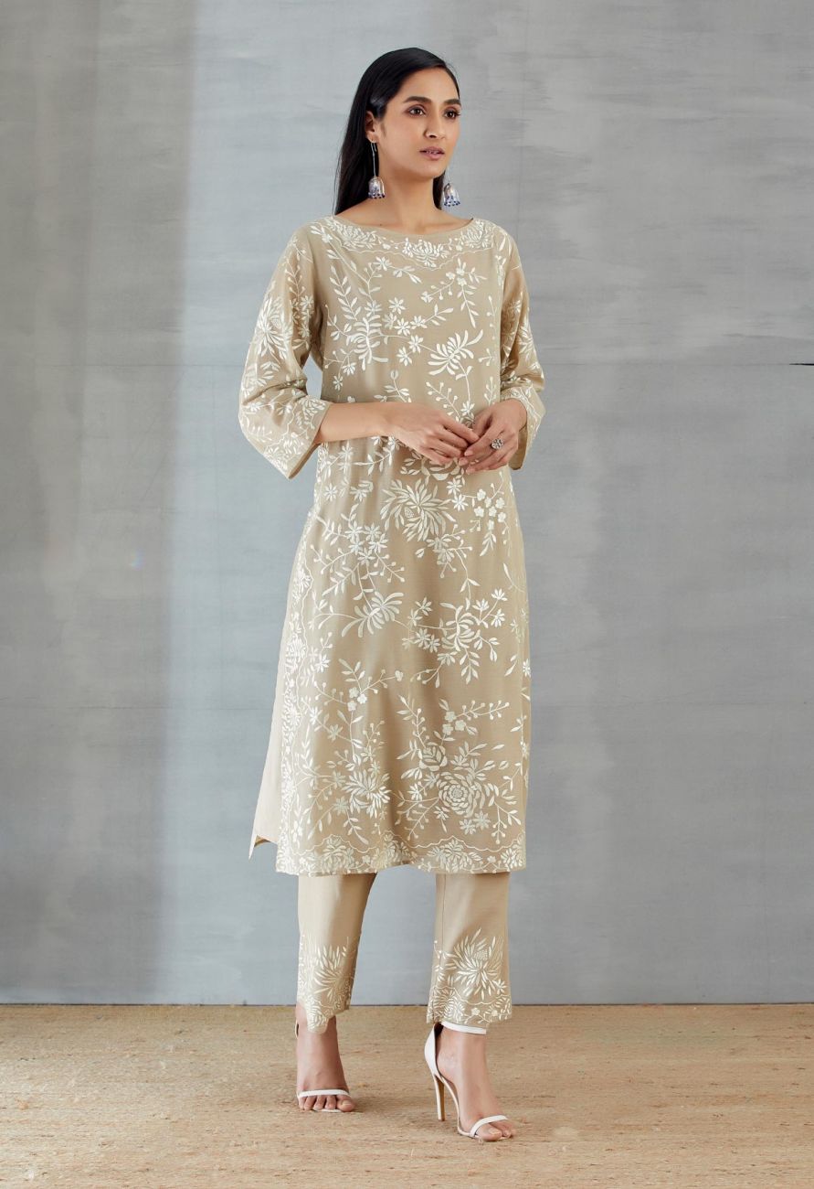 Natural And Ecru Kurta Set - Indian Clothing in Denver, CO, Aurora, CO, Boulder, CO, Fort Collins, CO, Colorado Springs, CO, Parker, CO, Highlands Ranch, CO, Cherry Creek, CO, Centennial, CO, and Longmont, CO. Nationwide shipping USA - India Fashion X