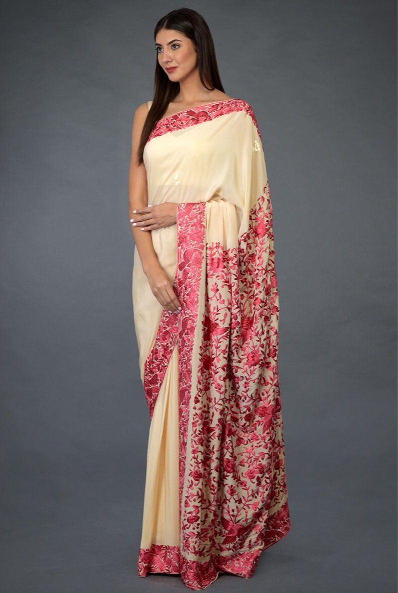 Cream N Pink Crepe Saree - Indian Clothing in Denver, CO, Aurora, CO, Boulder, CO, Fort Collins, CO, Colorado Springs, CO, Parker, CO, Highlands Ranch, CO, Cherry Creek, CO, Centennial, CO, and Longmont, CO. Nationwide shipping USA - India Fashion X