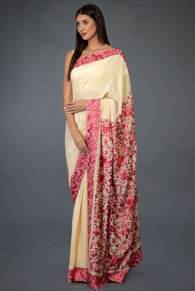 Cream N Pink Crepe Saree - Indian Clothing in Denver, CO, Aurora, CO, Boulder, CO, Fort Collins, CO, Colorado Springs, CO, Parker, CO, Highlands Ranch, CO, Cherry Creek, CO, Centennial, CO, and Longmont, CO. Nationwide shipping USA - India Fashion X