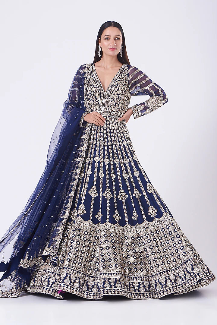 Navy Blue Gown with Dupatta- Indian Clothing in Denver, CO and Aurora, CO- India Fashion X S