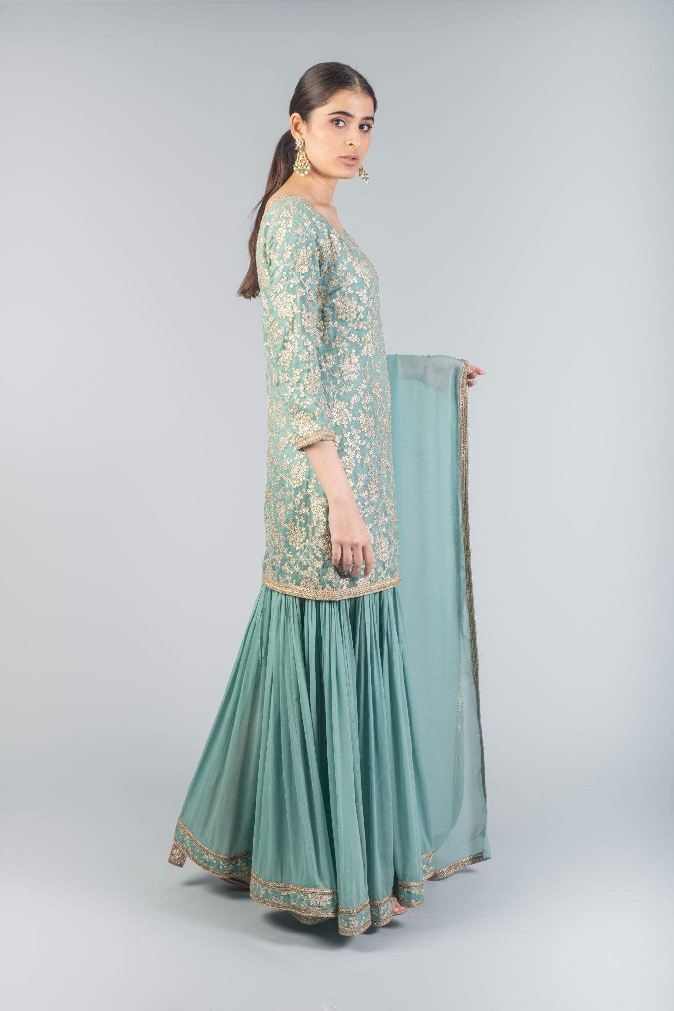 Teal Georgette Skirt Set Indian Clothing in Denver, CO, Aurora, CO, Boulder, CO, Fort Collins, CO, Colorado Springs, CO, Parker, CO, Highlands Ranch, CO, Cherry Creek, CO, Centennial, CO, and Longmont, CO. NATIONWIDE SHIPPING USA- India Fashion X