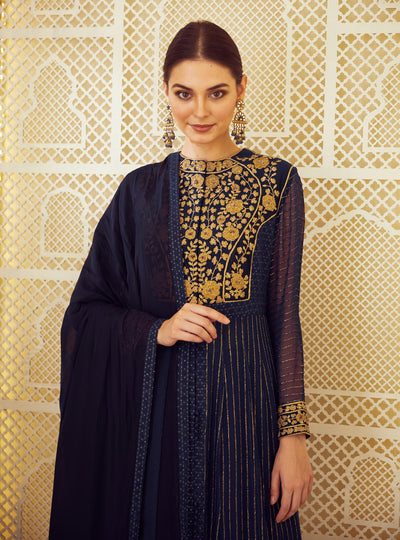 Navy Blue Anarkali Set Indian Clothing in Denver, CO, Aurora, CO, Boulder, CO, Fort Collins, CO, Colorado Springs, CO, Parker, CO, Highlands Ranch, CO, Cherry Creek, CO, Centennial, CO, and Longmont, CO. NATIONWIDE SHIPPING USA- India Fashion X