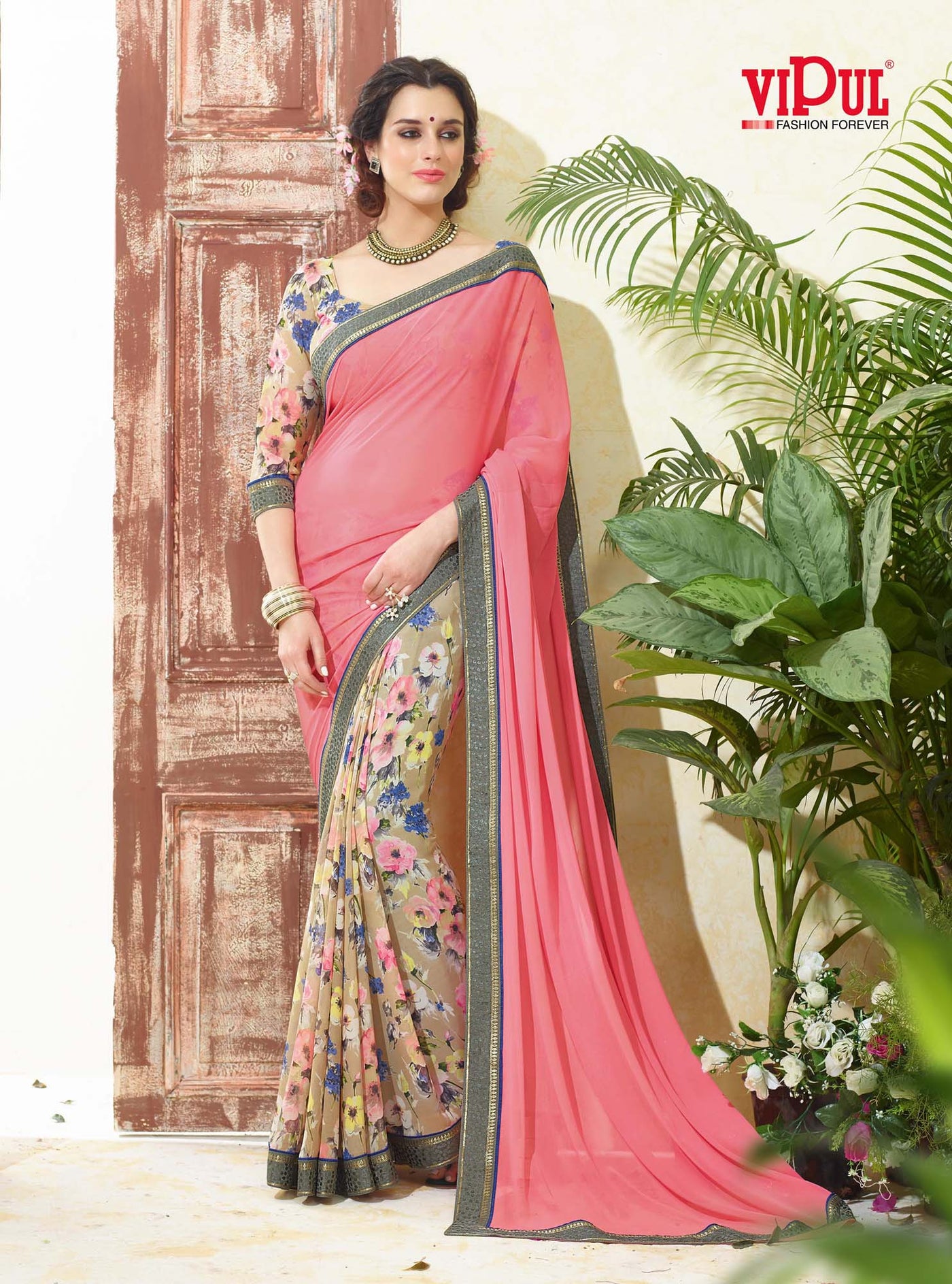 Women's Party wear Pink+Brown Georgette Printed Saree - Indian Clothing in Denver, CO, Aurora, CO, Boulder, CO, Fort Collins, CO, Colorado Springs, CO, Parker, CO, Highlands Ranch, CO, Cherry Creek, CO, Centennial, CO, and Longmont, CO. Nationwide shipping USA - India Fashion X