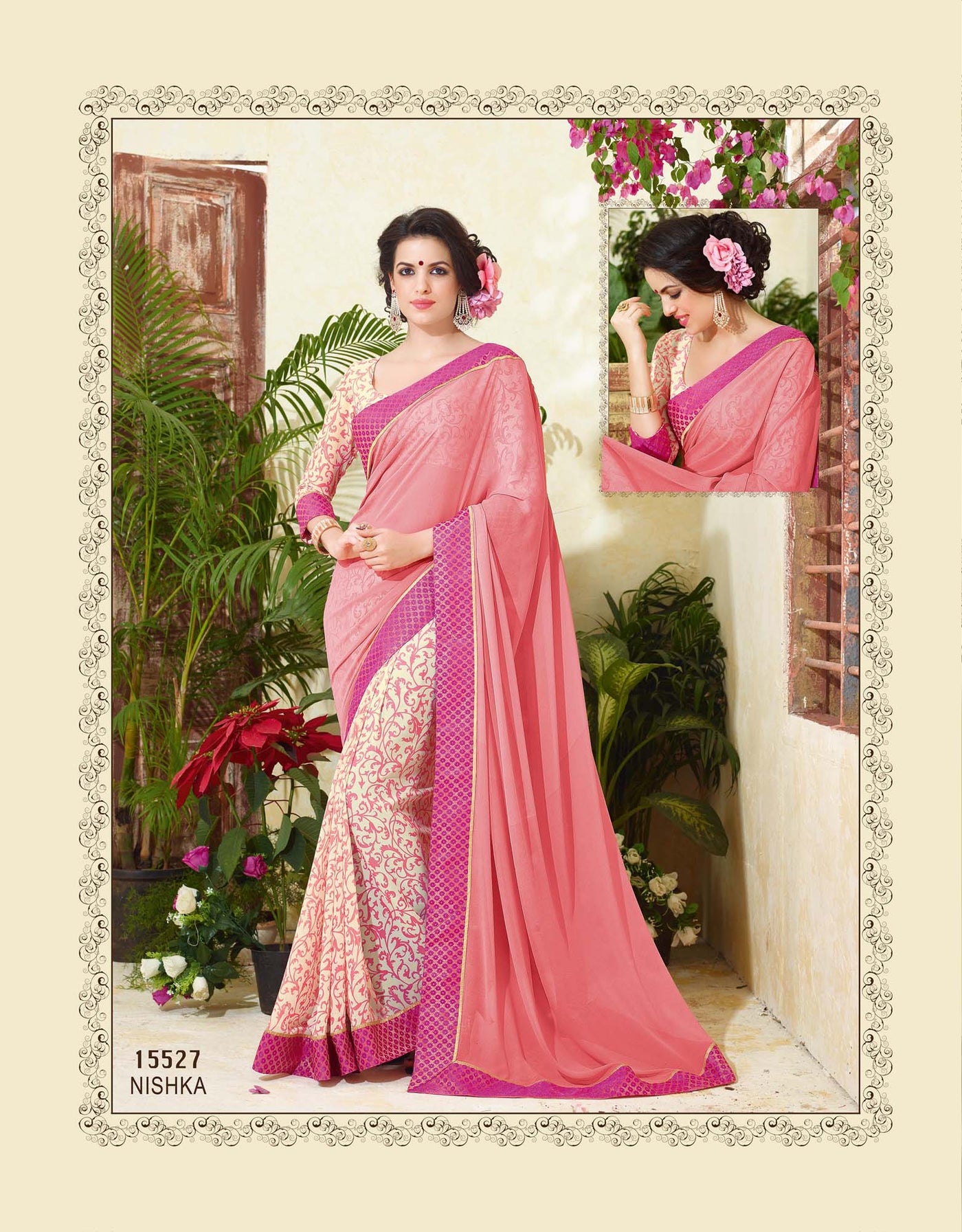 Women's Party wear Pink+Cream Georgette Printed Saree - Indian Clothing in Denver, CO, Aurora, CO, Boulder, CO, Fort Collins, CO, Colorado Springs, CO, Parker, CO, Highlands Ranch, CO, Cherry Creek, CO, Centennial, CO, and Longmont, CO. Nationwide shipping USA - India Fashion X