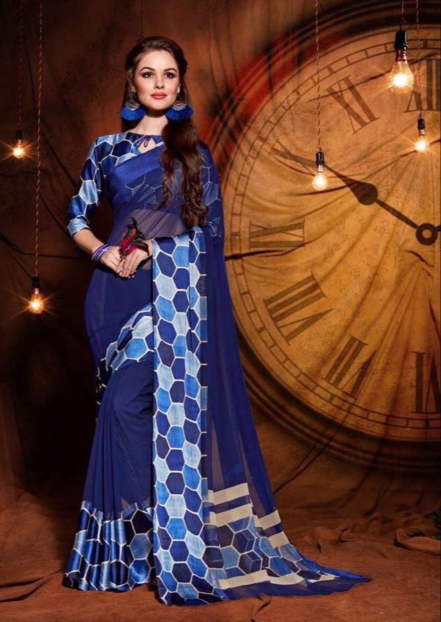 Party wear contemporary print trim sarees - dark blue - Indian Clothing in Denver, CO, Aurora, CO, Boulder, CO, Fort Collins, CO, Colorado Springs, CO, Parker, CO, Highlands Ranch, CO, Cherry Creek, CO, Centennial, CO, and Longmont, CO. Nationwide shipping USA - India Fashion X