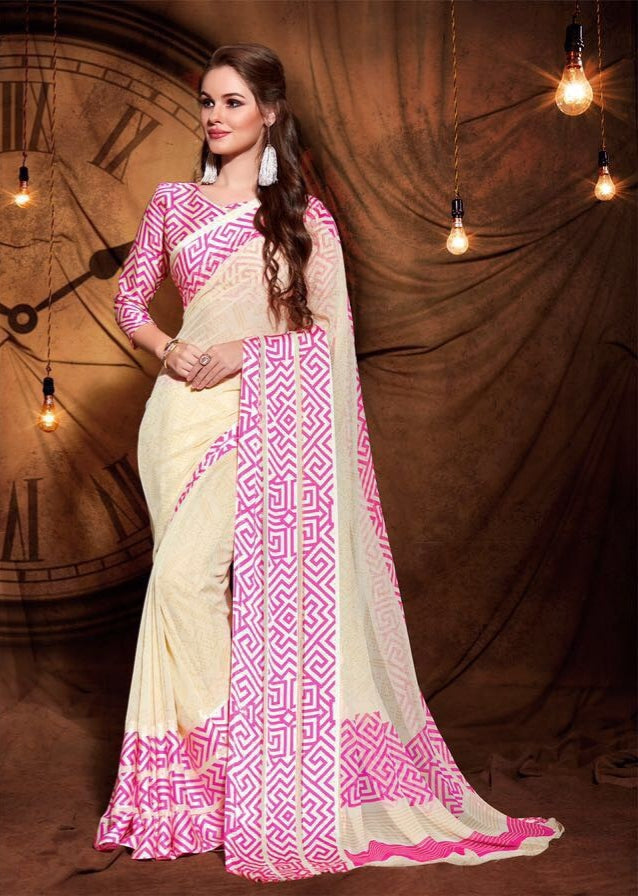 Party wear contemporary print trim sarees - light pink - Indian Clothing in Denver, CO, Aurora, CO, Boulder, CO, Fort Collins, CO, Colorado Springs, CO, Parker, CO, Highlands Ranch, CO, Cherry Creek, CO, Centennial, CO, and Longmont, CO. Nationwide shipping USA - India Fashion X