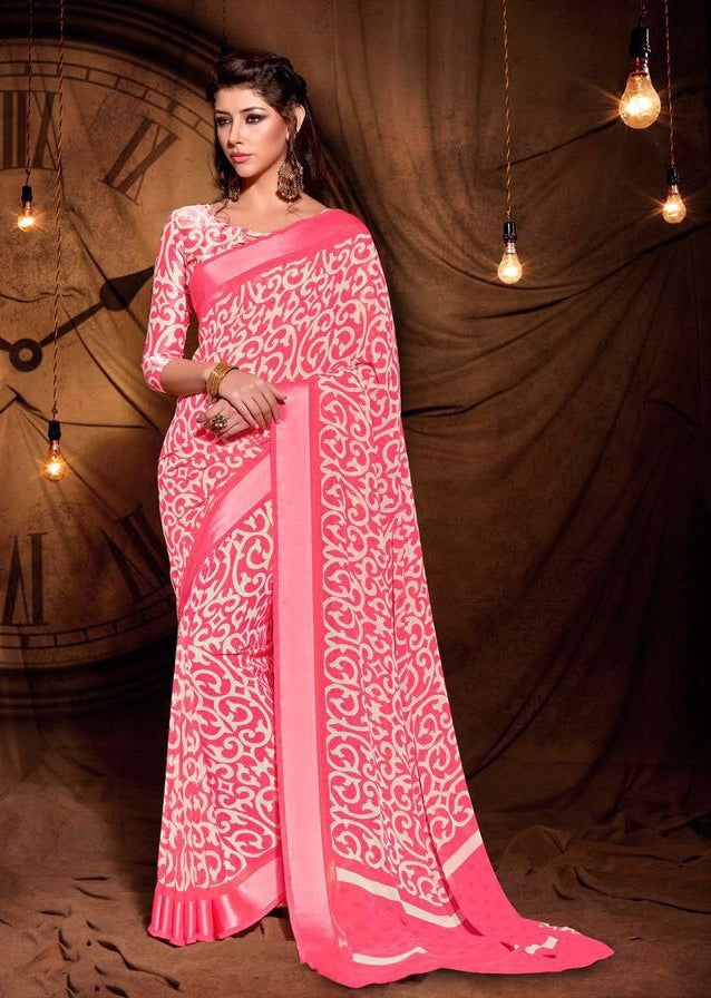 Party wear contemporary print trim sarees - pink - Indian Clothing in Denver, CO, Aurora, CO, Boulder, CO, Fort Collins, CO, Colorado Springs, CO, Parker, CO, Highlands Ranch, CO, Cherry Creek, CO, Centennial, CO, and Longmont, CO. Nationwide shipping USA - India Fashion X