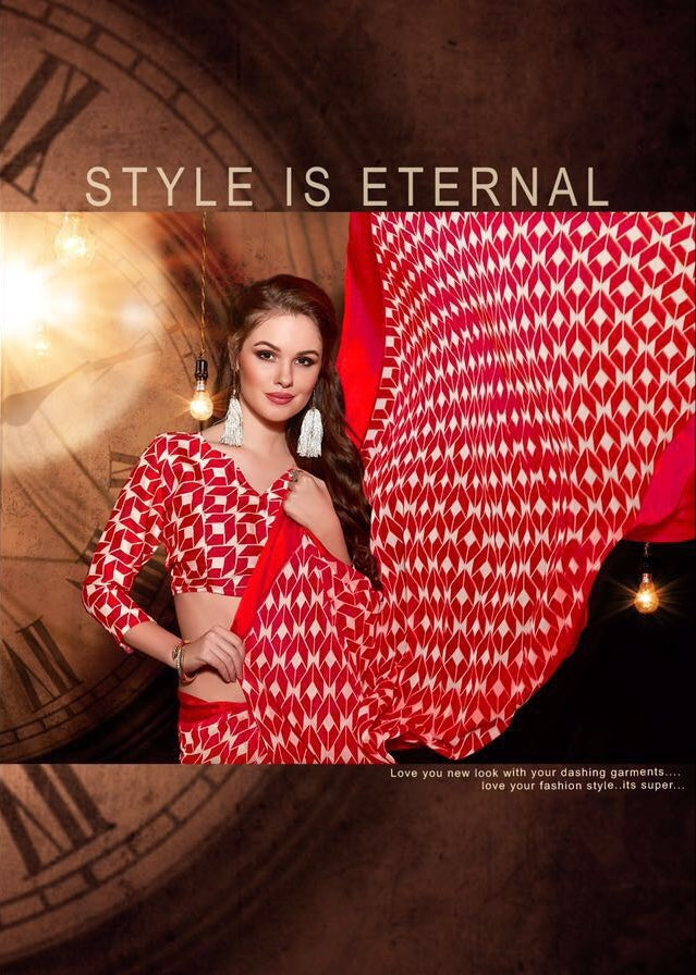 Party wear contemporary print trim sarees - red - Indian Clothing in Denver, CO, Aurora, CO, Boulder, CO, Fort Collins, CO, Colorado Springs, CO, Parker, CO, Highlands Ranch, CO, Cherry Creek, CO, Centennial, CO, and Longmont, CO. Nationwide shipping USA - India Fashion X