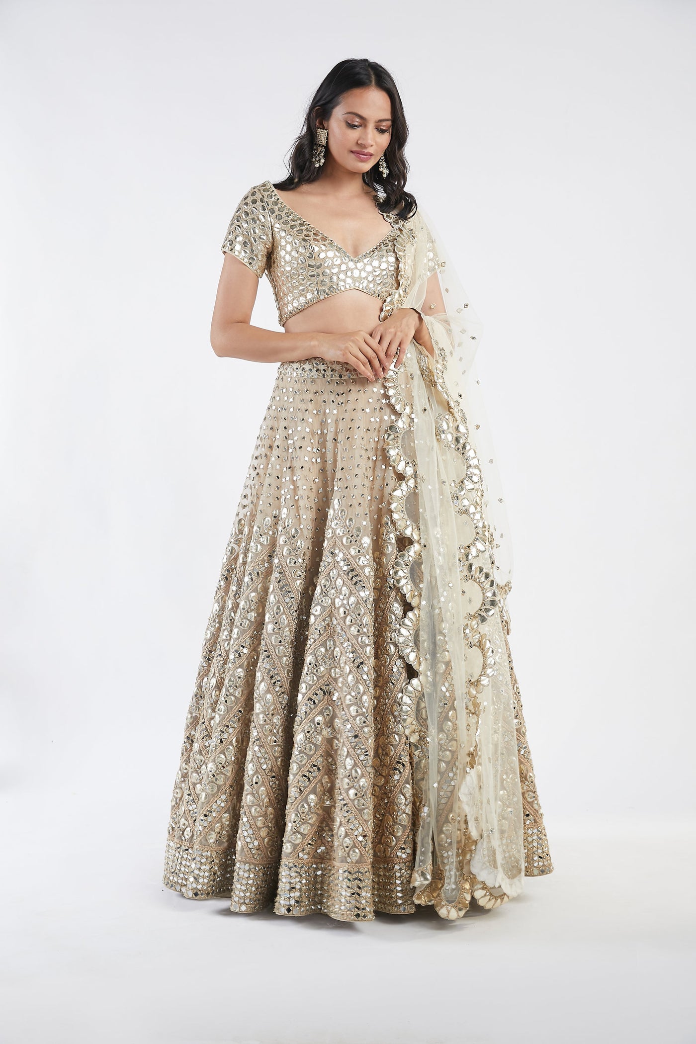 Beige Embellished Lehenga Set - Indian Clothing in Denver, CO, Aurora, CO, Boulder, CO, Fort Collins, CO, Colorado Springs, CO, Parker, CO, Highlands Ranch, CO, Cherry Creek, CO, Centennial, CO, and Longmont, CO. Nationwide shipping USA - India Fashion X