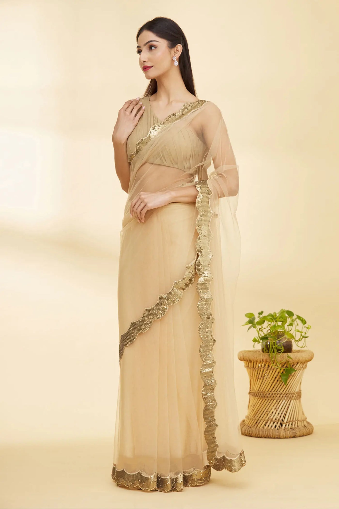 Beige Scalloped Hem Saree - Indian Clothing in Denver, CO, Aurora, CO, Boulder, CO, Fort Collins, CO, Colorado Springs, CO, Parker, CO, Highlands Ranch, CO, Cherry Creek, CO, Centennial, CO, and Longmont, CO. Nationwide shipping USA - India Fashion X