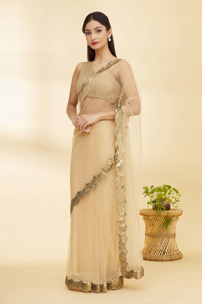 Beige Scalloped Hem Saree - Indian Clothing in Denver, CO, Aurora, CO, Boulder, CO, Fort Collins, CO, Colorado Springs, CO, Parker, CO, Highlands Ranch, CO, Cherry Creek, CO, Centennial, CO, and Longmont, CO. Nationwide shipping USA - India Fashion X