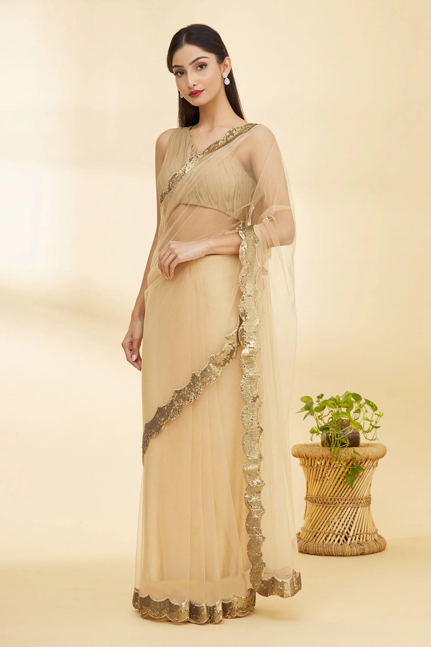 Beige Scalloped Hem Saree - Indian Clothing in Denver, CO, Aurora, CO, Boulder, CO, Fort Collins, CO, Colorado Springs, CO, Parker, CO, Highlands Ranch, CO, Cherry Creek, CO, Centennial, CO, and Longmont, CO. Nationwide shipping USA - India Fashion X