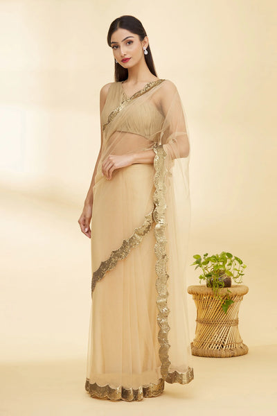 Beige Scalloped Hem Saree - Indian Clothing in Denver, CO, Aurora, CO, Boulder, CO, Fort Collins, CO, Colorado Springs, CO, Parker, CO, Highlands Ranch, CO, Cherry Creek, CO, Centennial, CO, and Longmont, CO. Nationwide shipping USA - India Fashion X