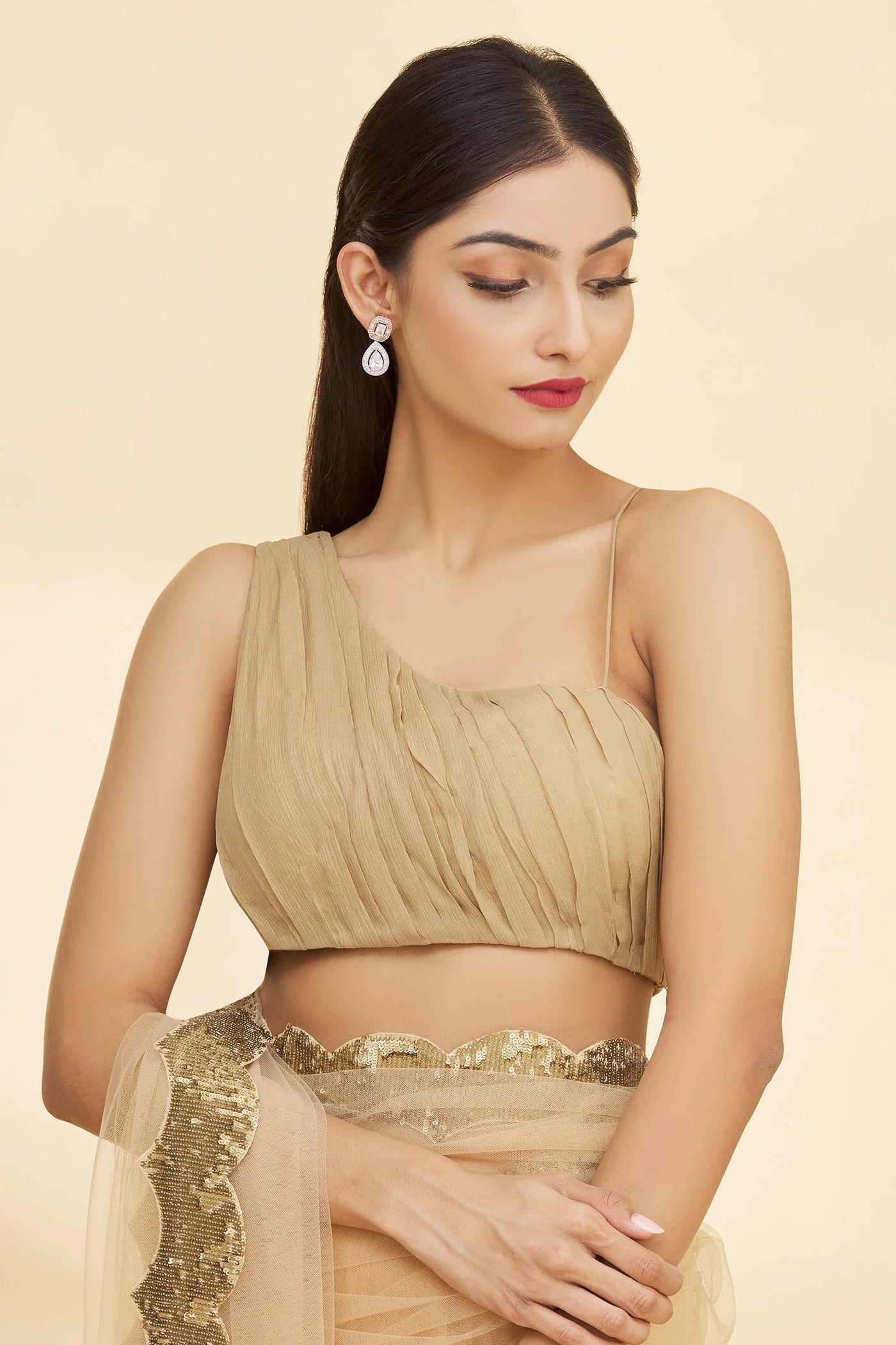 Beige Scalloped Hem Saree - Indian Clothing in Denver, CO, Aurora, CO, Boulder, CO, Fort Collins, CO, Colorado Springs, CO, Parker, CO, Highlands Ranch, CO, Cherry Creek, CO, Centennial, CO, and Longmont, CO. Nationwide shipping USA - India Fashion X