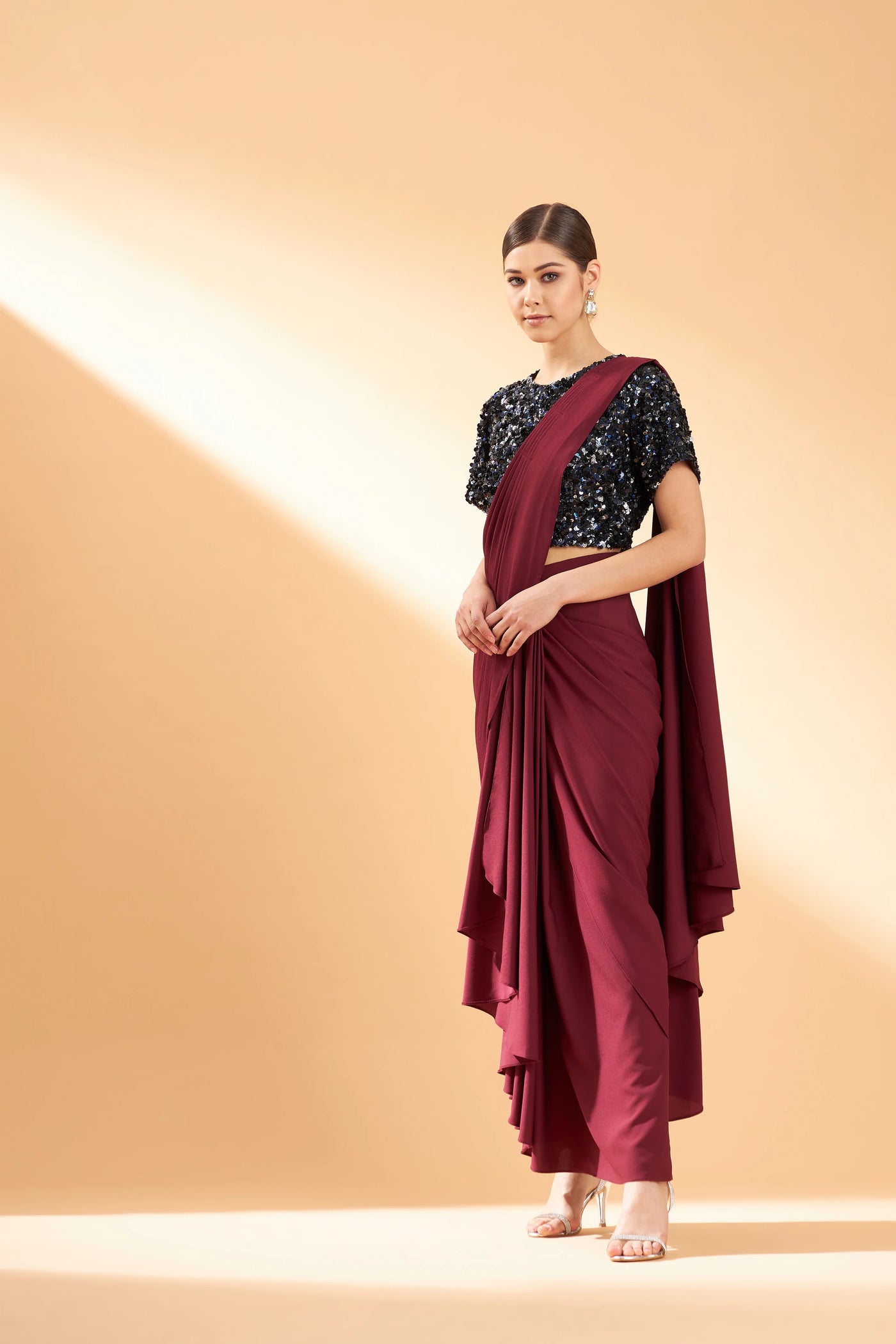 Maroon Crystal Draped Saree Indian Clothing in Denver, CO, Aurora, CO, Boulder, CO, Fort Collins, CO, Colorado Springs, CO, Parker, CO, Highlands Ranch, CO, Cherry Creek, CO, Centennial, CO, and Longmont, CO. NATIONWIDE SHIPPING USA- India Fashion X