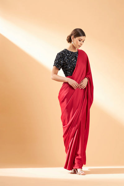 Red Crystal Draped Saree Indian Clothing in Denver, CO, Aurora, CO, Boulder, CO, Fort Collins, CO, Colorado Springs, CO, Parker, CO, Highlands Ranch, CO, Cherry Creek, CO, Centennial, CO, and Longmont, CO. NATIONWIDE SHIPPING USA- India Fashion X