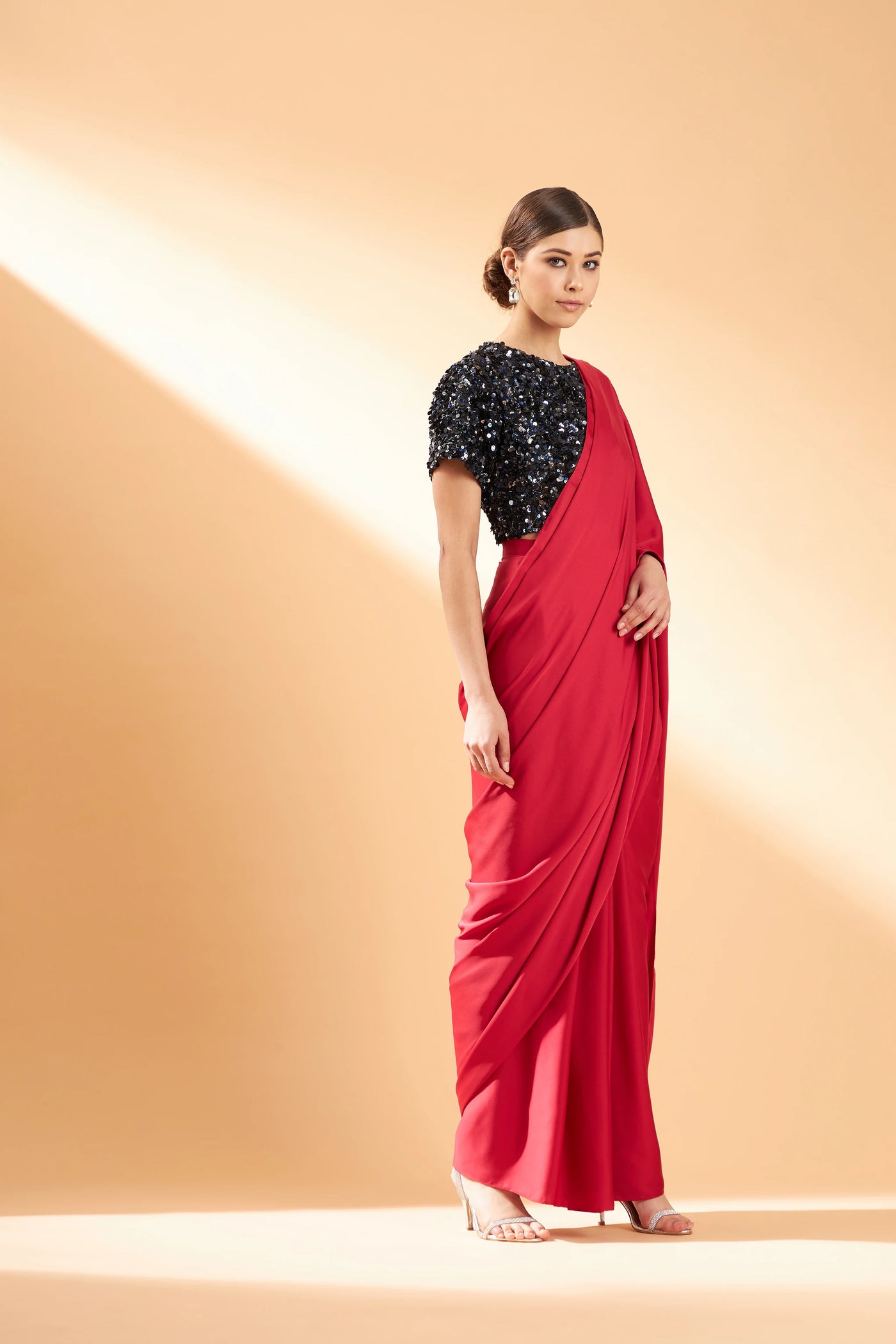 Red Crystal Draped Saree Indian Clothing in Denver, CO, Aurora, CO, Boulder, CO, Fort Collins, CO, Colorado Springs, CO, Parker, CO, Highlands Ranch, CO, Cherry Creek, CO, Centennial, CO, and Longmont, CO. NATIONWIDE SHIPPING USA- India Fashion X