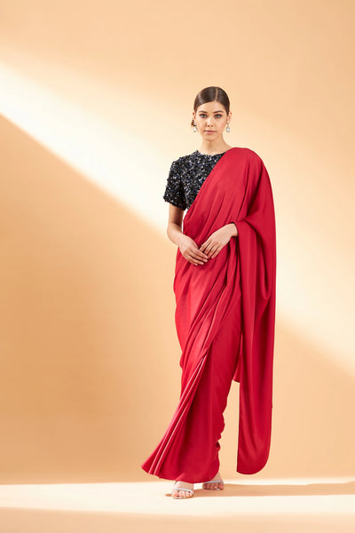Red Crystal Draped Saree Indian Clothing in Denver, CO, Aurora, CO, Boulder, CO, Fort Collins, CO, Colorado Springs, CO, Parker, CO, Highlands Ranch, CO, Cherry Creek, CO, Centennial, CO, and Longmont, CO. NATIONWIDE SHIPPING USA- India Fashion X
