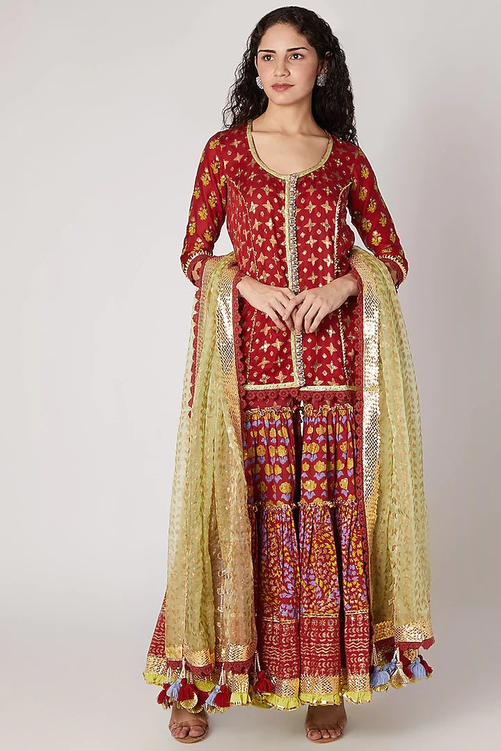 Red Ethnic Print Sharara Set - Indian Clothing in Denver, CO, Aurora, CO, Boulder, CO, Fort Collins, CO, Colorado Springs, CO, Parker, CO, Highlands Ranch, CO, Cherry Creek, CO, Centennial, CO, and Longmont, CO. Nationwide shipping USA - India Fashion X