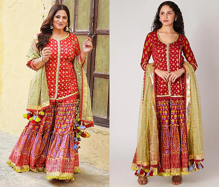 Red Ethnic Print Sharara Set - Indian Clothing in Denver, CO, Aurora, CO, Boulder, CO, Fort Collins, CO, Colorado Springs, CO, Parker, CO, Highlands Ranch, CO, Cherry Creek, CO, Centennial, CO, and Longmont, CO. Nationwide shipping USA - India Fashion X