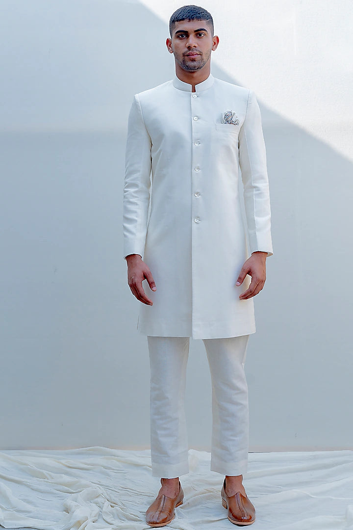 Off White Achkan Jacket Set Indian Clothing in Denver, CO, Aurora, CO, Boulder, CO, Fort Collins, CO, Colorado Springs, CO, Parker, CO, Highlands Ranch, CO, Cherry Creek, CO, Centennial, CO, and Longmont, CO. NATIONWIDE SHIPPING USA- India Fashion X