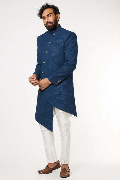 Blue Asymmetrical Sherwani Set Indian Clothing in Denver, CO, Aurora, CO, Boulder, CO, Fort Collins, CO, Colorado Springs, CO, Parker, CO, Highlands Ranch, CO, Cherry Creek, CO, Centennial, CO, and Longmont, CO. NATIONWIDE SHIPPING USA- India Fashion X