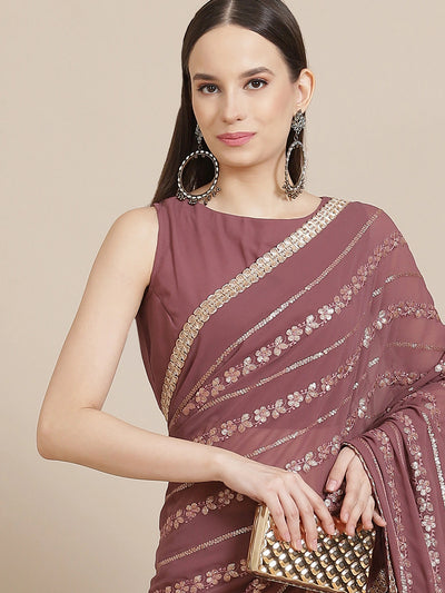 Mauve Floral Sequined Saree - Indian Clothing in Denver, CO, Aurora, CO, Boulder, CO, Fort Collins, CO, Colorado Springs, CO, Parker, CO, Highlands Ranch, CO, Cherry Creek, CO, Centennial, CO, and Longmont, CO. Nationwide shipping USA - India Fashion X