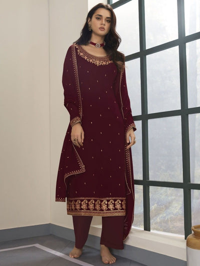 Maroon Embroidered Palazzo Suit - Indian Clothing in Denver, CO, Aurora, CO, Boulder, CO, Fort Collins, CO, Colorado Springs, CO, Parker, CO, Highlands Ranch, CO, Cherry Creek, CO, Centennial, CO, and Longmont, CO. Nationwide shipping USA - India Fashion X