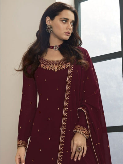 Maroon Embroidered Palazzo Suit - Indian Clothing in Denver, CO, Aurora, CO, Boulder, CO, Fort Collins, CO, Colorado Springs, CO, Parker, CO, Highlands Ranch, CO, Cherry Creek, CO, Centennial, CO, and Longmont, CO. Nationwide shipping USA - India Fashion X