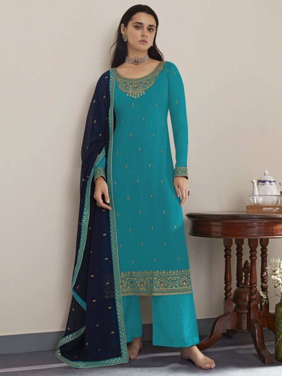Sky Blue Embroidered Palazzo Suit - Indian Clothing in Denver, CO, Aurora, CO, Boulder, CO, Fort Collins, CO, Colorado Springs, CO, Parker, CO, Highlands Ranch, CO, Cherry Creek, CO, Centennial, CO, and Longmont, CO. Nationwide shipping USA - India Fashion X
