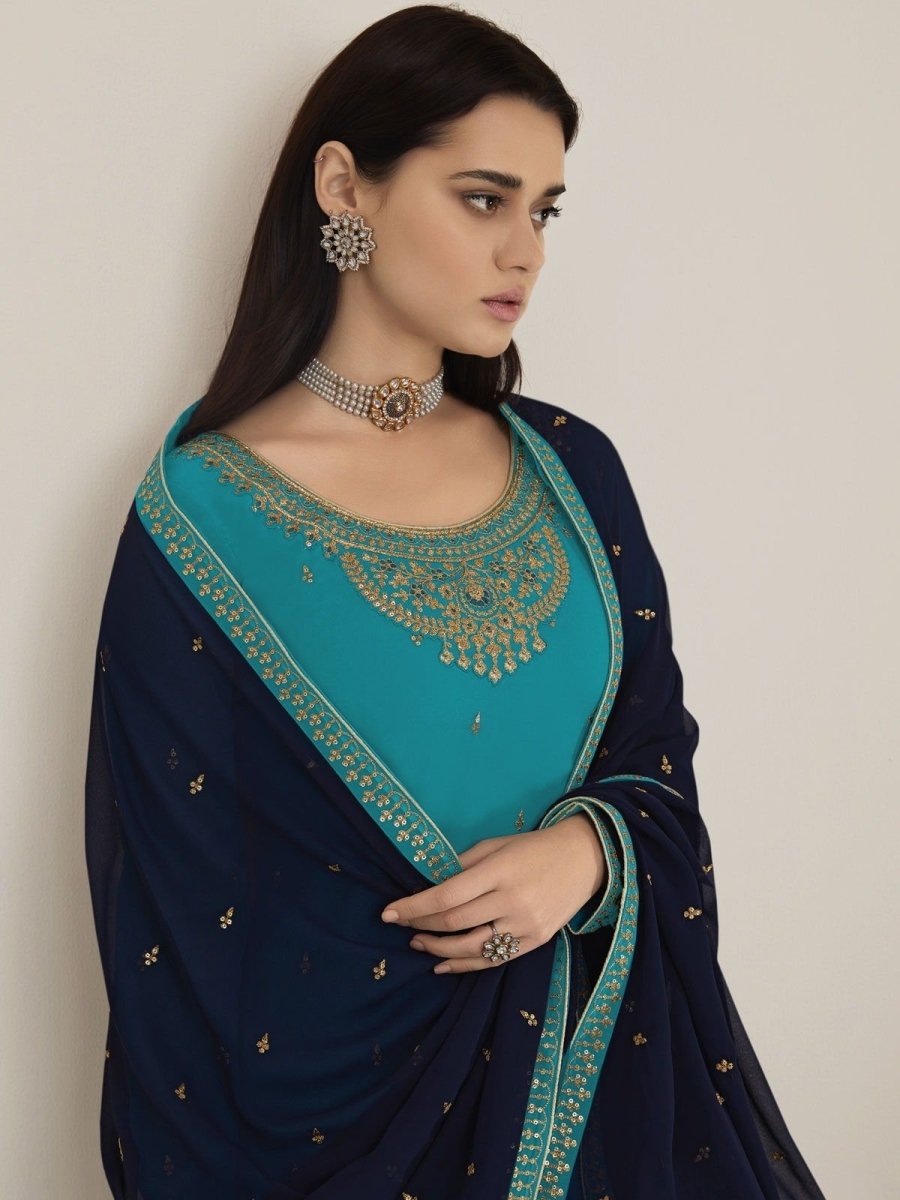 Sky Blue Embroidered Palazzo Suit - Indian Clothing in Denver, CO, Aurora, CO, Boulder, CO, Fort Collins, CO, Colorado Springs, CO, Parker, CO, Highlands Ranch, CO, Cherry Creek, CO, Centennial, CO, and Longmont, CO. Nationwide shipping USA - India Fashion X