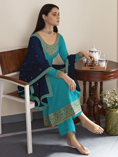 Sky Blue Embroidered Palazzo Suit - Indian Clothing in Denver, CO, Aurora, CO, Boulder, CO, Fort Collins, CO, Colorado Springs, CO, Parker, CO, Highlands Ranch, CO, Cherry Creek, CO, Centennial, CO, and Longmont, CO. Nationwide shipping USA - India Fashion X