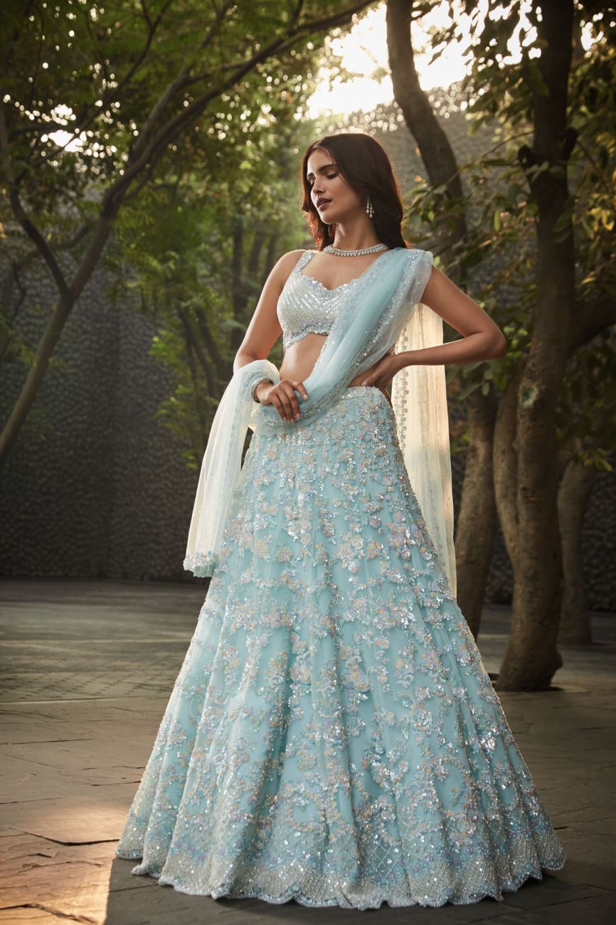 Sky Blue Lehenga Set - Indian Clothing in Denver, CO, Aurora, CO, Boulder, CO, Fort Collins, CO, Colorado Springs, CO, Parker, CO, Highlands Ranch, CO, Cherry Creek, CO, Centennial, CO, and Longmont, CO. Nationwide shipping USA - India Fashion X