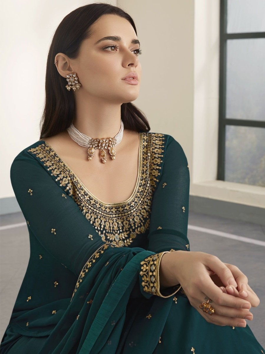 Teal Embroidered Palazzo Suit - Indian Clothing in Denver, CO, Aurora, CO, Boulder, CO, Fort Collins, CO, Colorado Springs, CO, Parker, CO, Highlands Ranch, CO, Cherry Creek, CO, Centennial, CO, and Longmont, CO. Nationwide shipping USA - India Fashion X